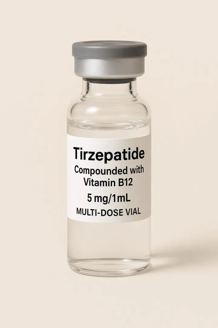 Tirzepatide vial with Vitamin B12 compound.